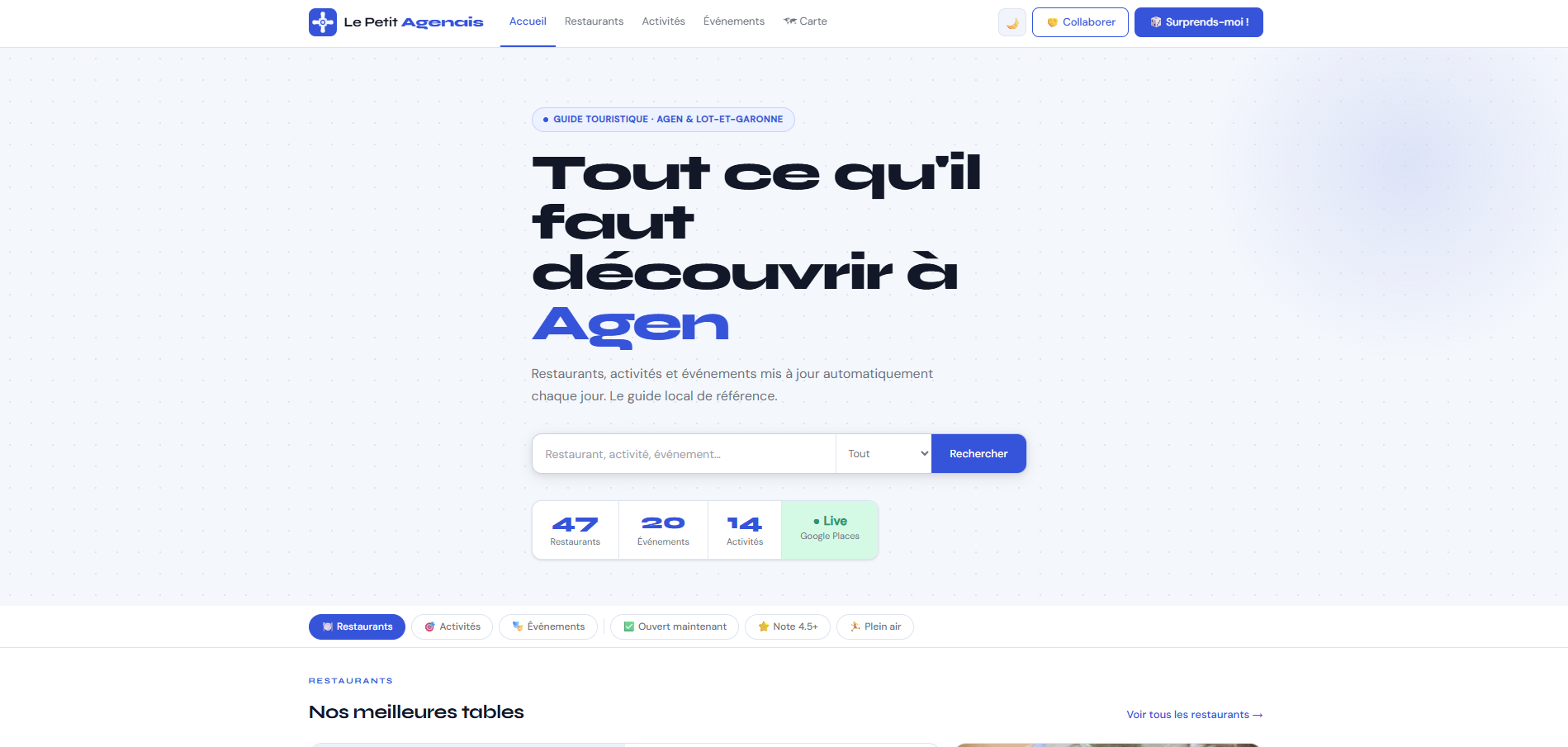 Capture d'écran de la page d'accueil du site Le Petit Agenais, guide touristique pour Agen
