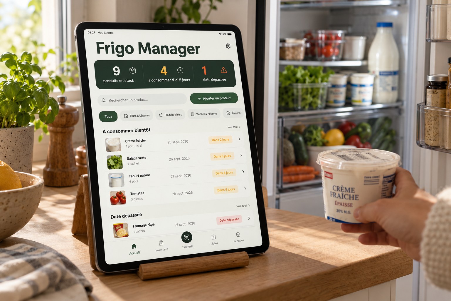 Tablette affichant l'application Frigo Manager, posée dans une cuisine devant un réfrigérateur ouvert