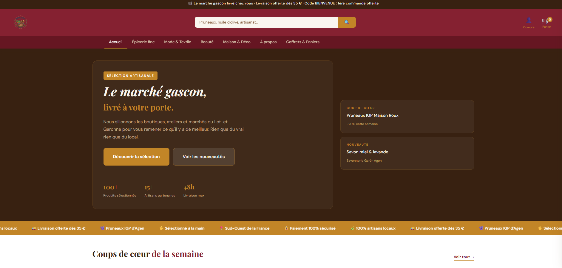 Capture d'écran de la page d'accueil du Panier Gascon, marketplace artisanale du Sud-Ouest
