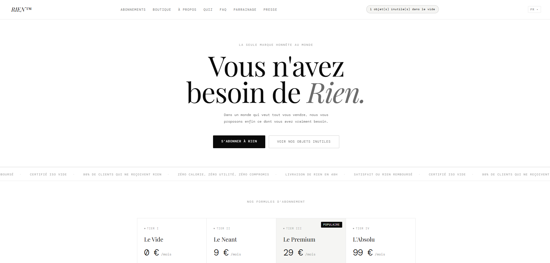 Capture d'écran de la page d'accueil de RIEN™, marque e-commerce absurde qui vend du vide