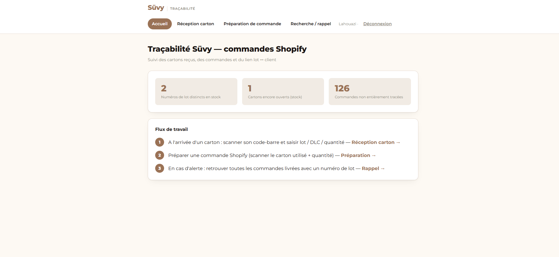 Écran de connexion de l'application de traçabilité Süvy, accès réservé au personnel